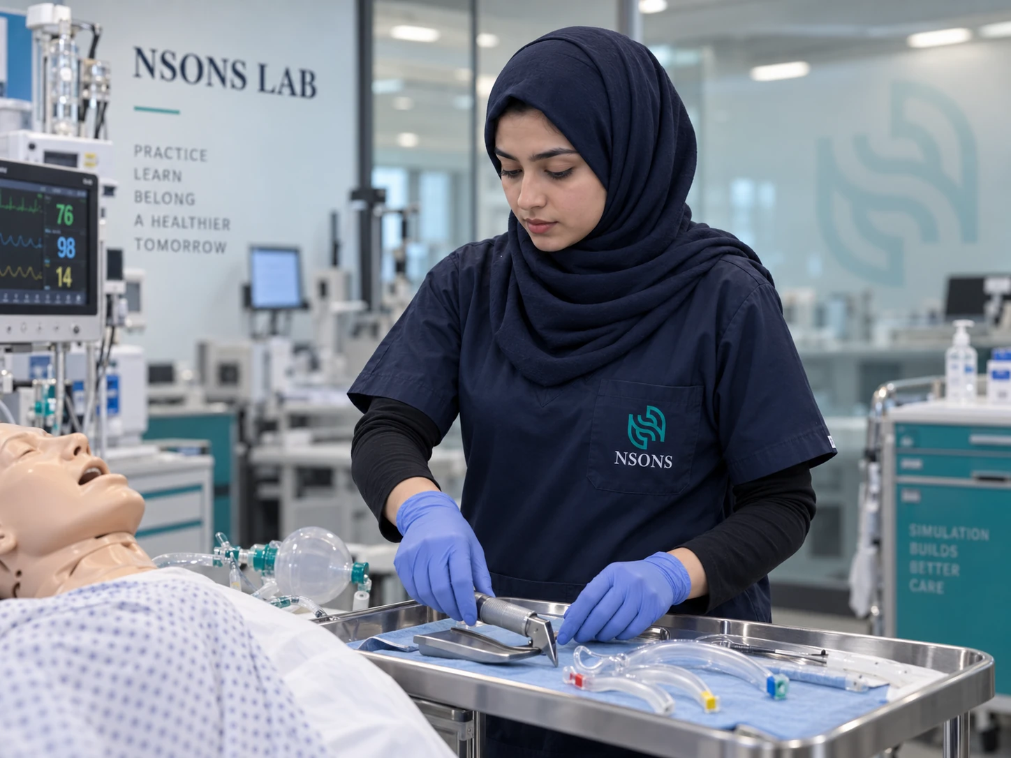A staff member lays out laryngoscope parts and airway accessories on an instrument tray.