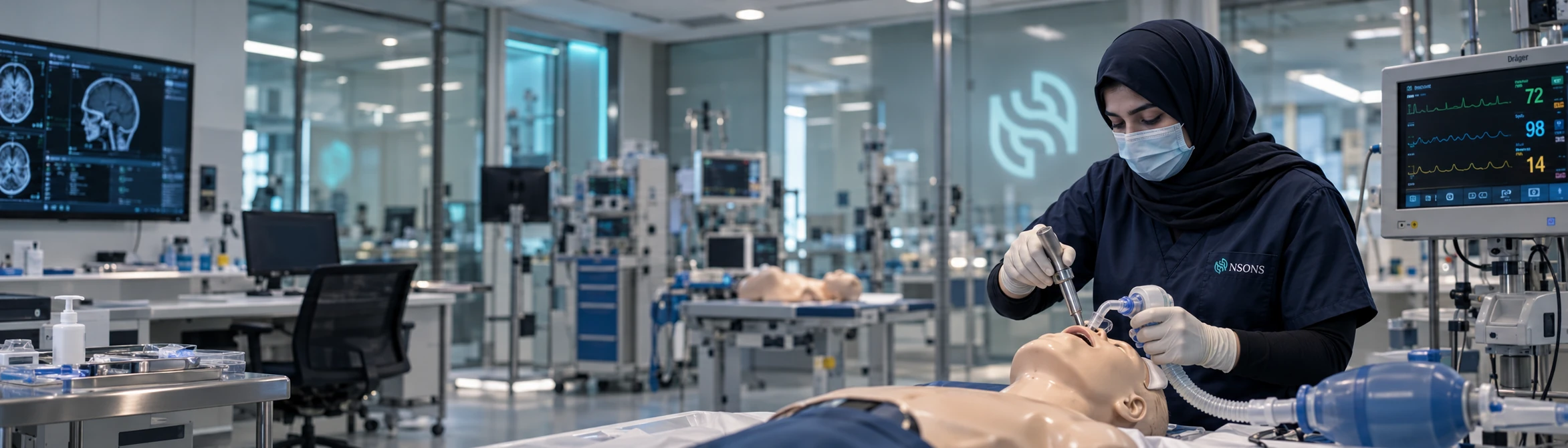 A masked staff member practises laryngoscopy on an airway training mannequin.