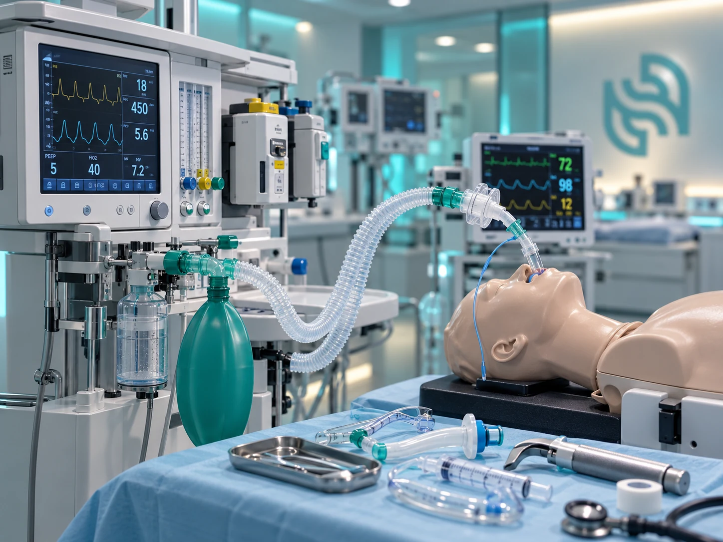 An anaesthesia system and breathing circuit connected to a training mannequin, with airway accessories laid out on a draped tray.