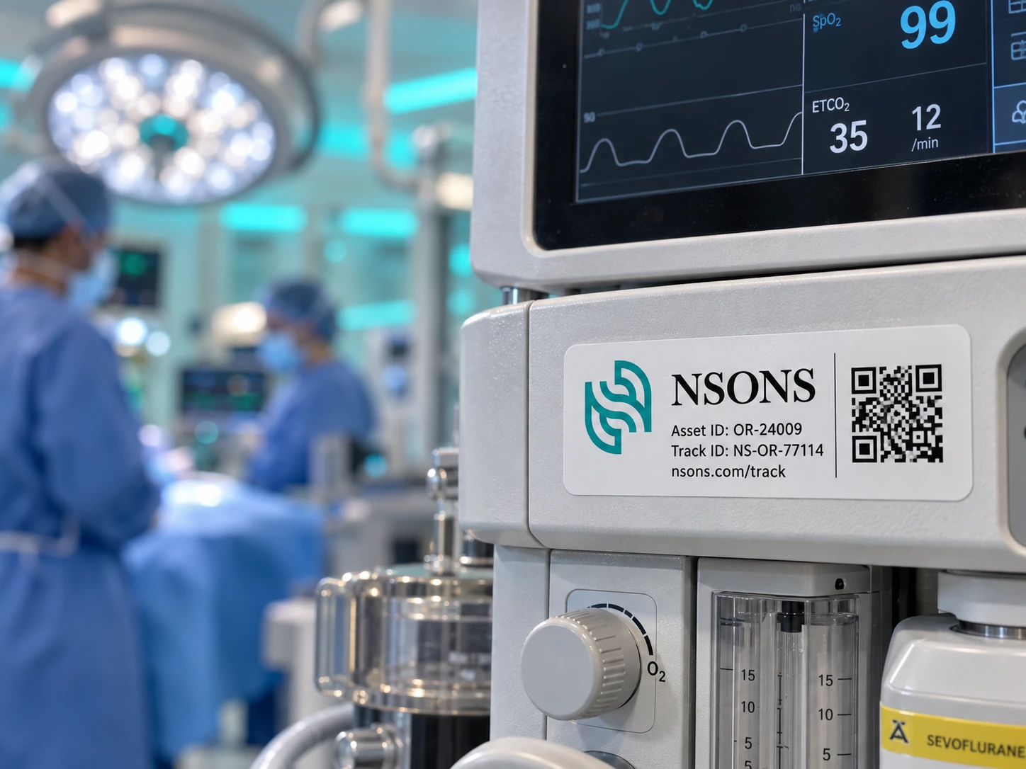 Close-up of an anaesthesia system with an NSONS asset label, a monitor and operating-room staff in the background.