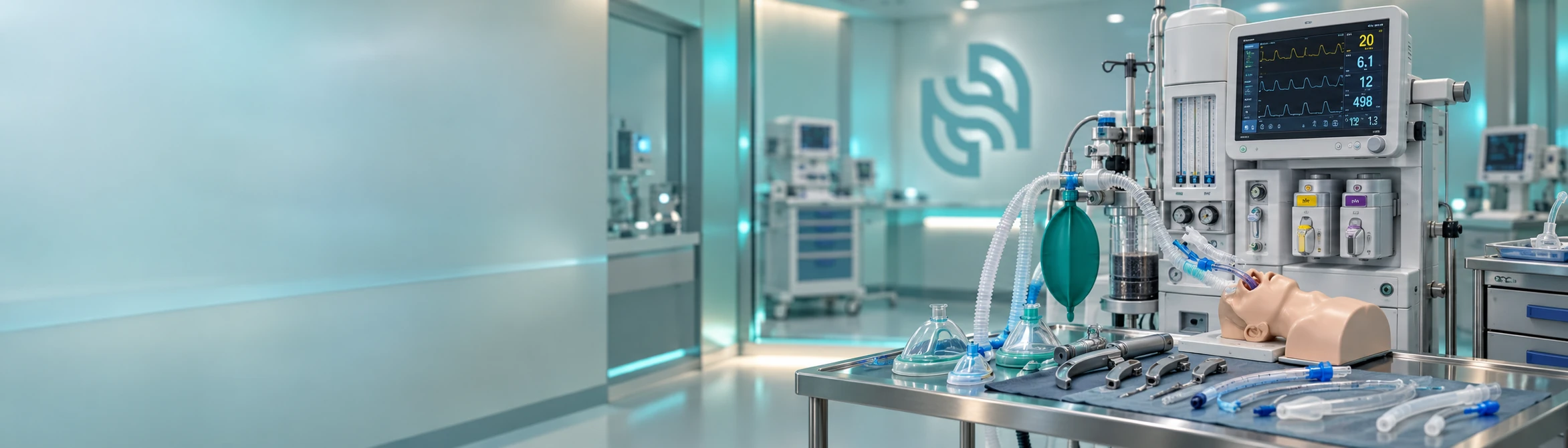 Anaesthesia equipment, breathing circuits, masks and airway accessories arranged beside a training mannequin in a clinical simulation room.