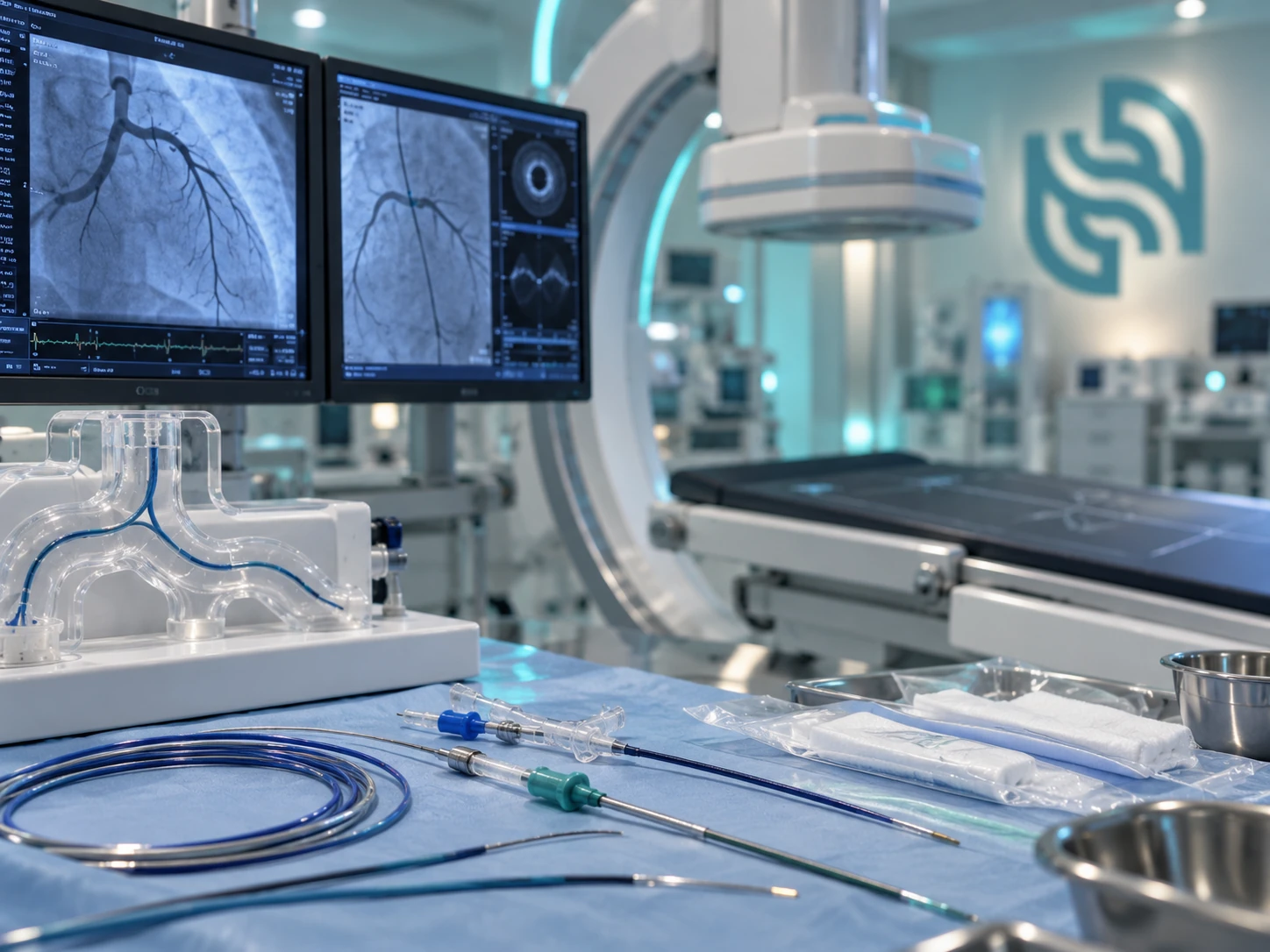 Catheters, guidewires and access devices laid out beside a transparent vascular training model, with angiography displays and a C-arm in the background.