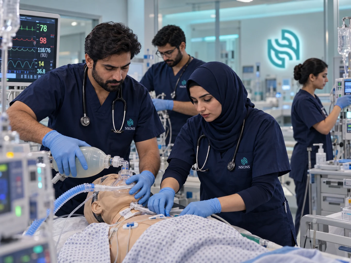 Staff demonstrate bag-and-mask ventilation and monitoring on a training mannequin in a critical-care simulation room.