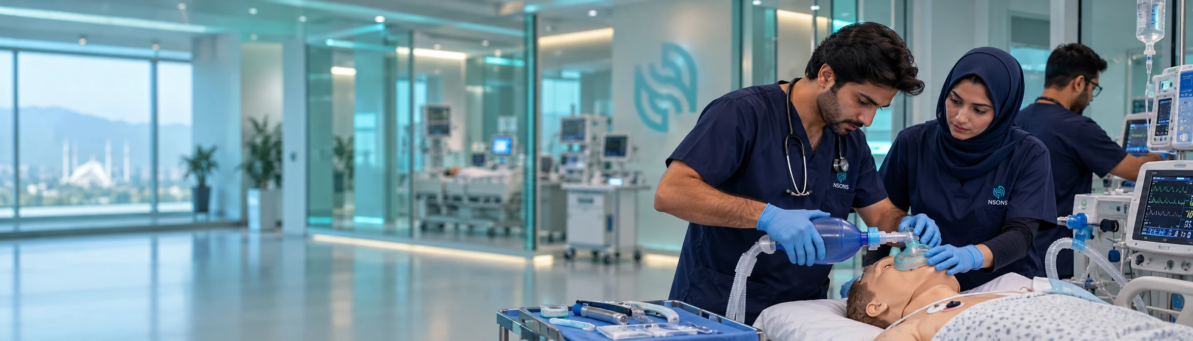 Staff practise bag-and-mask ventilation on a training mannequin beside bedside monitors and infusion equipment.