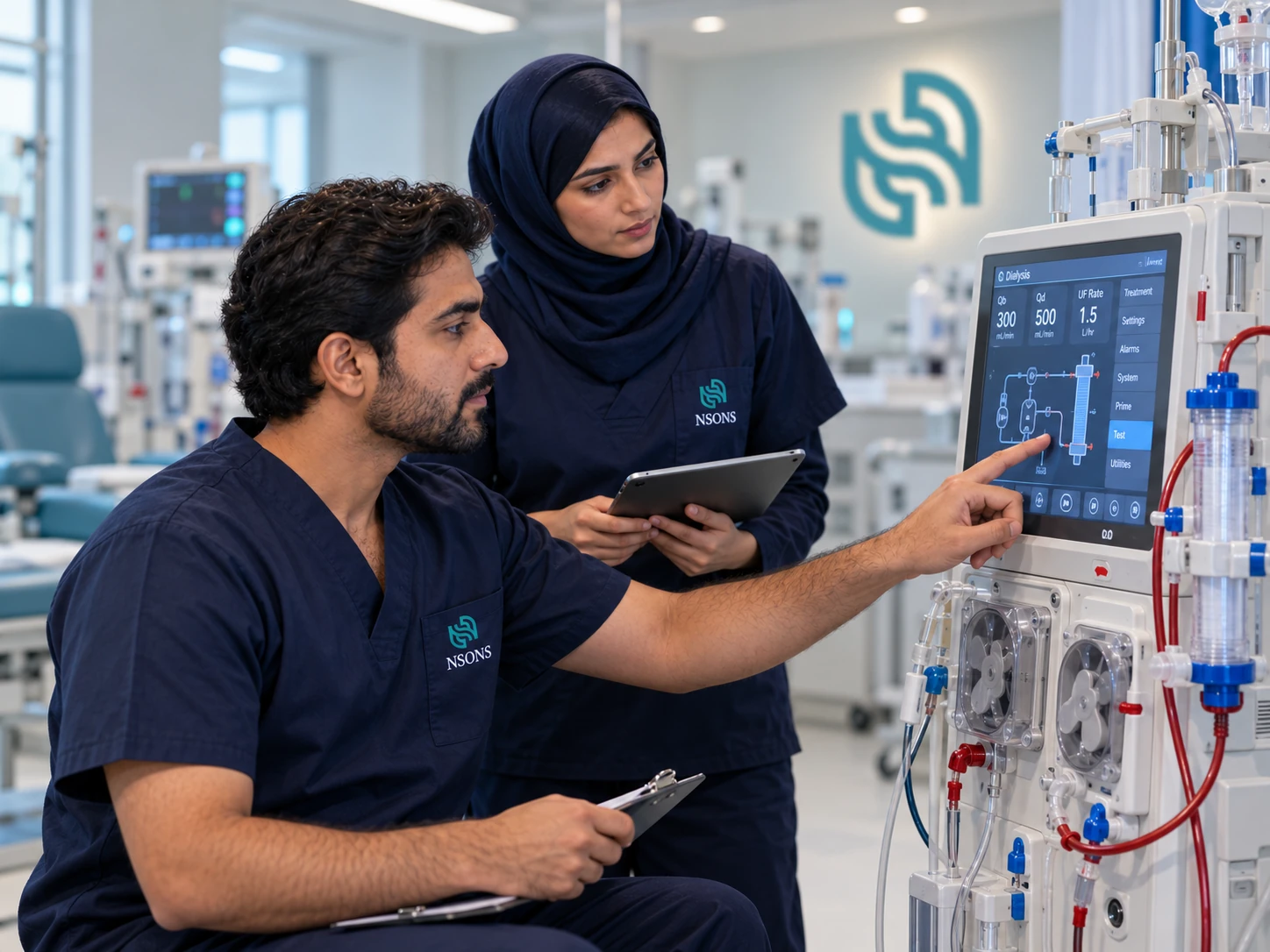 Two staff review a dialysis machine display and connected tubing while holding a tablet and clipboard.