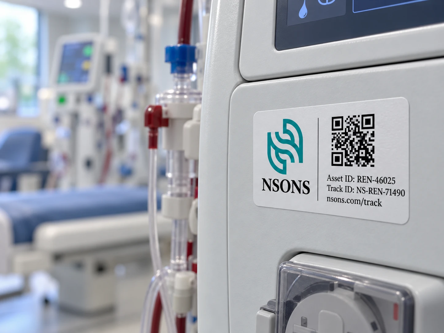 Close-up of a dialysis machine with an NSONS asset-identification label, tubing and a pump assembly.
