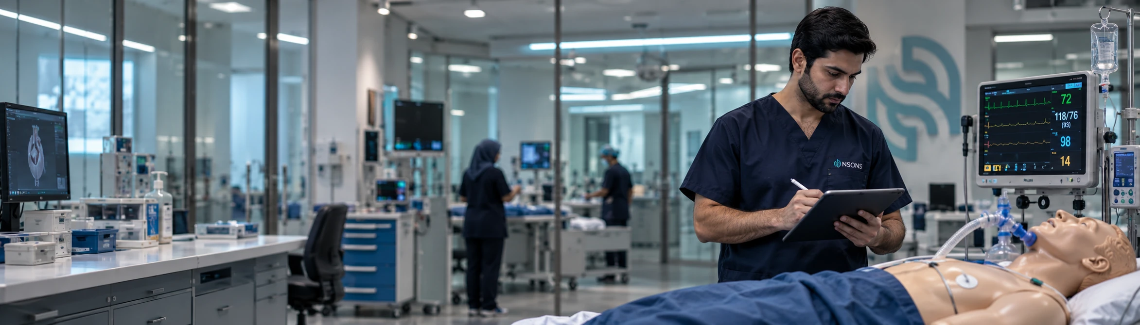 An operator records a bedside equipment session on a tablet beside a training mannequin.