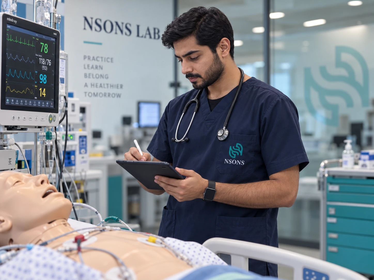 A staff member records equipment information on a tablet beside a training mannequin and monitor.