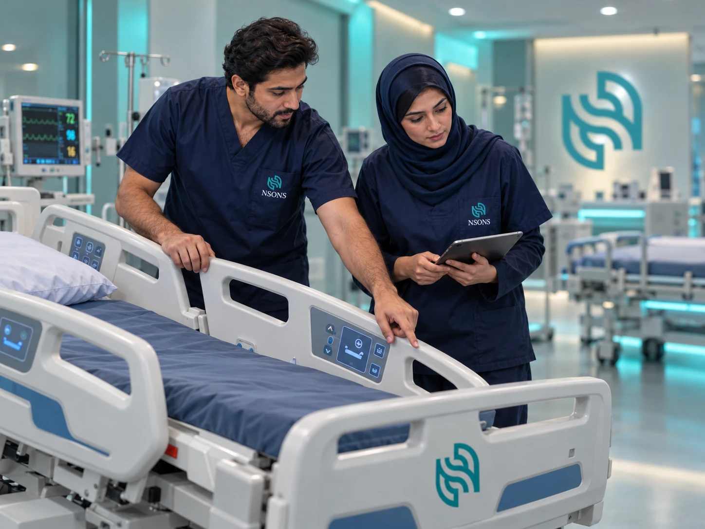 Two staff examine the side rail and control panel of an adjustable hospital bed, with a tablet for reference.