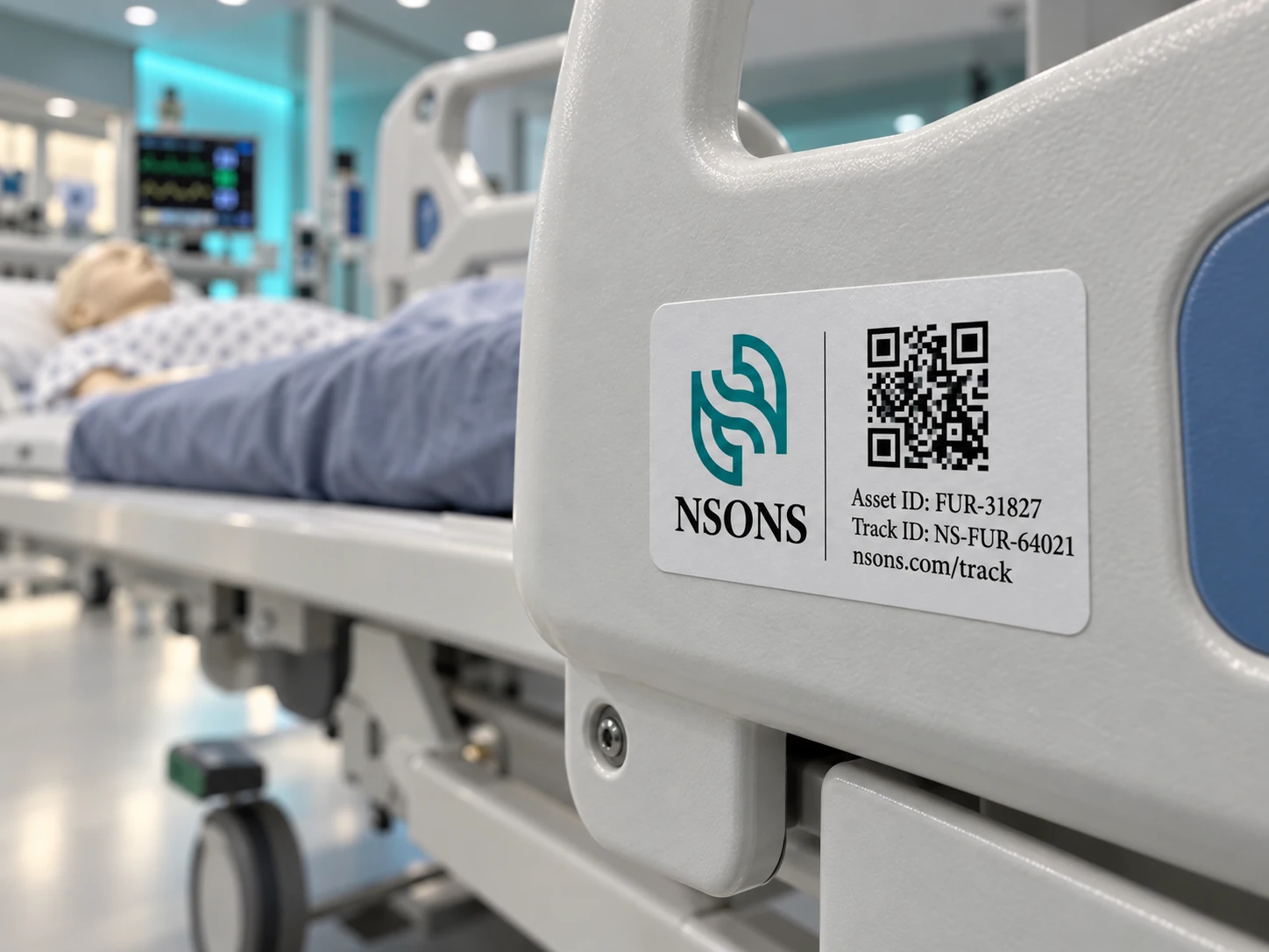 Close-up of a hospital bed side rail with an NSONS asset-identification label, with a training mannequin and monitor behind it.