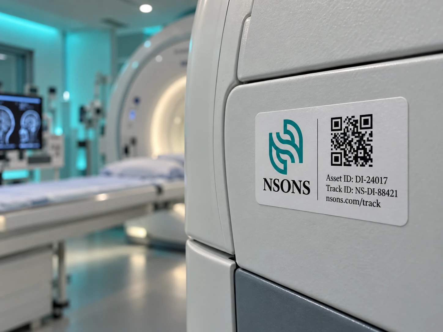 Close-up of an MRI system with an NSONS asset-identification label, with the scanner and image-review display behind it.