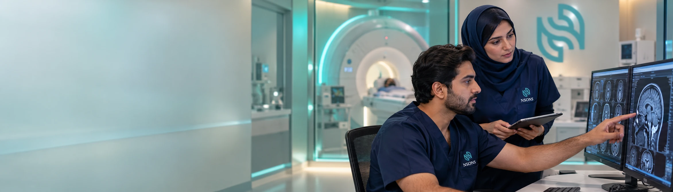 Two staff review MRI images on workstation displays beside an MRI scanner.