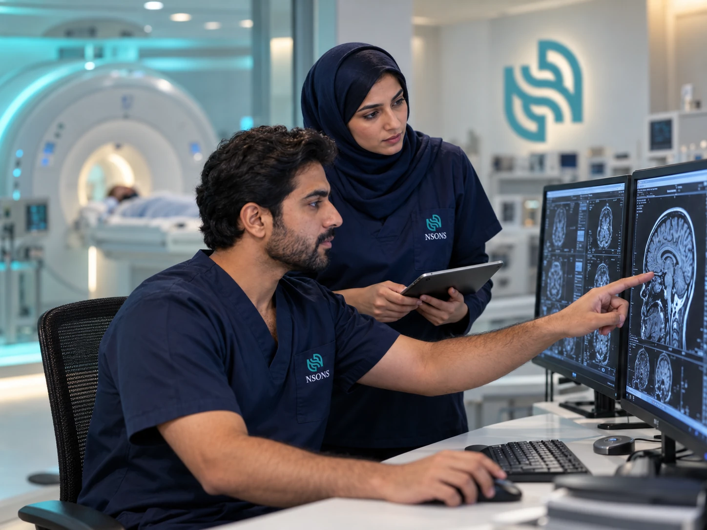 Two staff review MRI images at a dual-screen workstation, with an MRI scanner visible in the background.