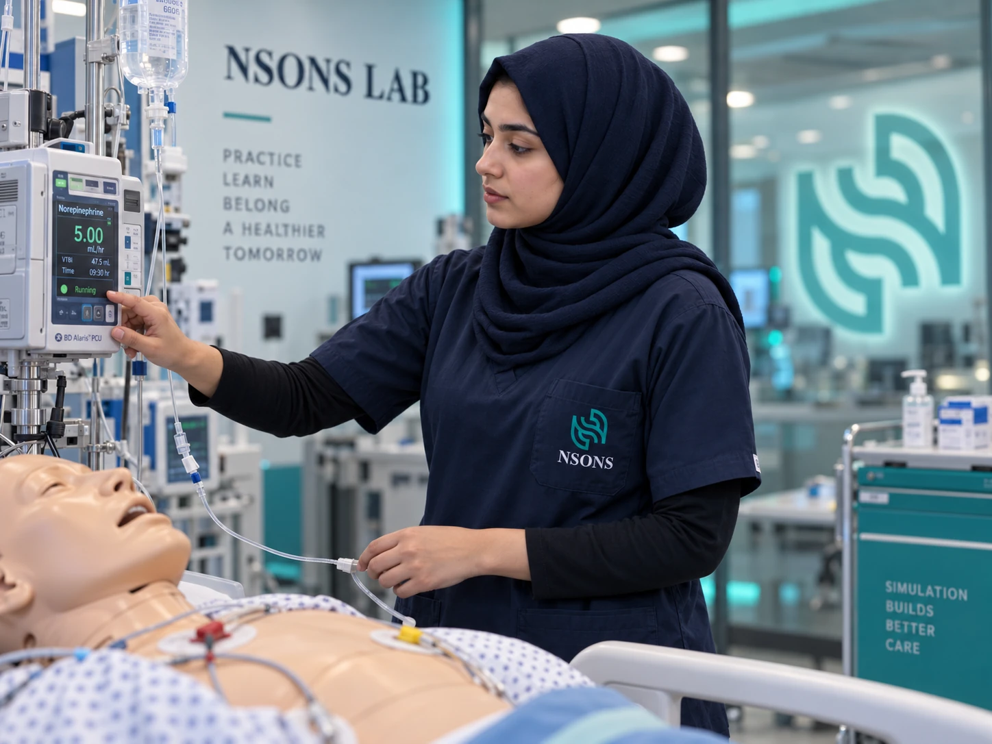 An operator reviews an infusion pump and its connected administration tubing in a simulation room.