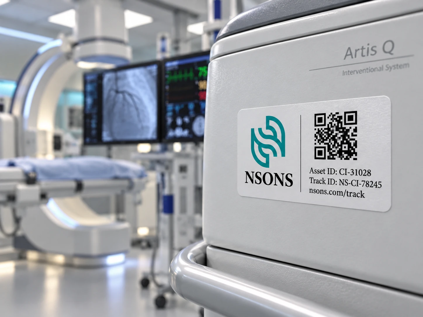 Close-up of interventional equipment with an NSONS asset-identification label, with a C-arm, procedure table and angiography displays behind it.
