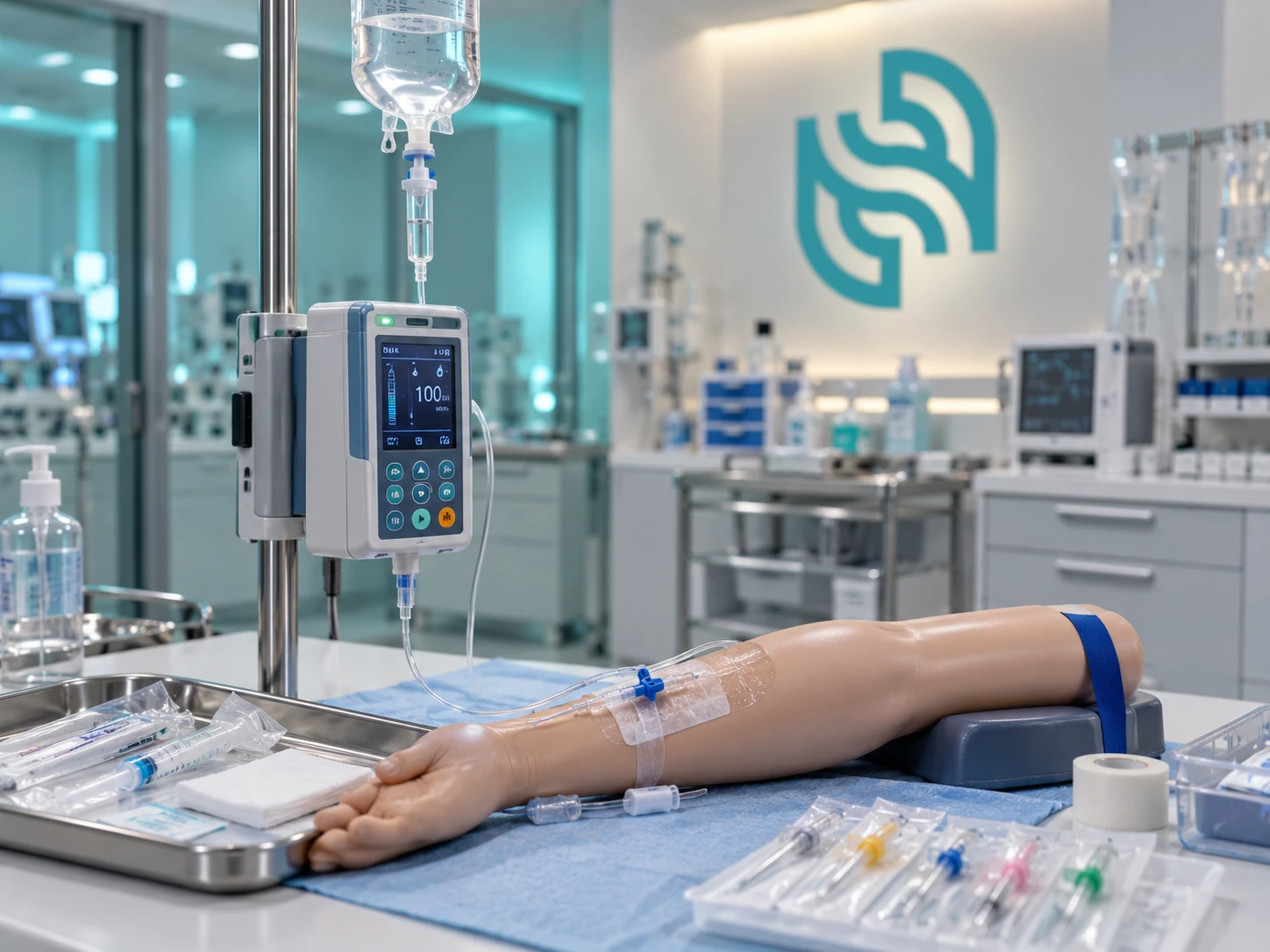 An infusion pump and administration tubing beside a training arm with an IV cannula, with packaged cannulas and connectors on the preparation surface.