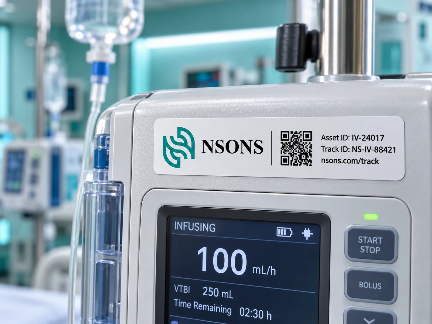 Close-up of an infusion pump with an NSONS asset-identification label, a status display and connected administration tubing.