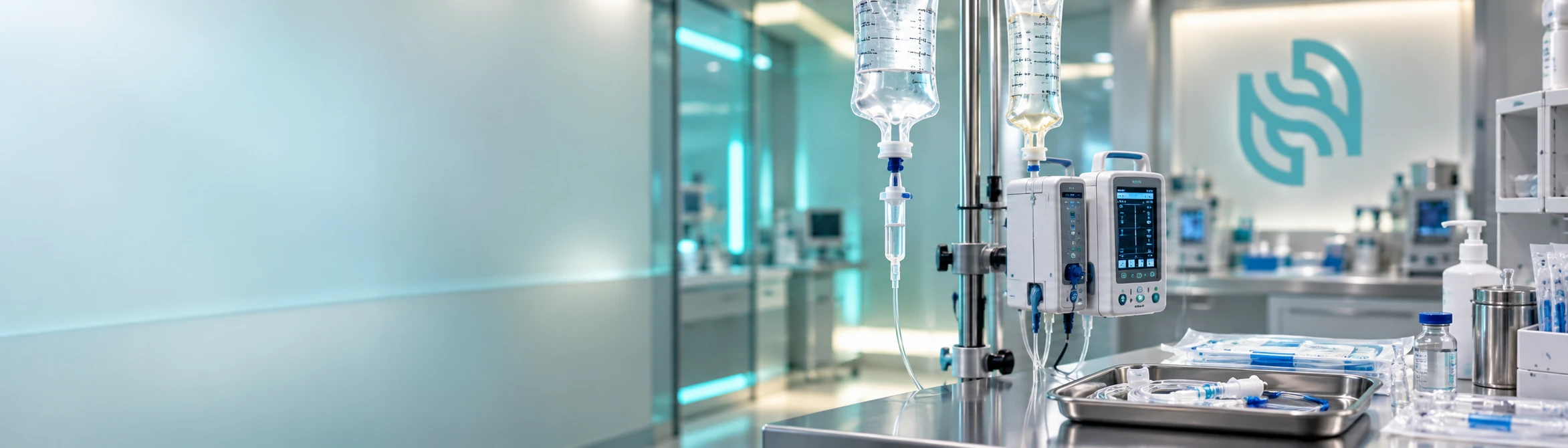 Infusion pumps, fluid bags and administration tubing on a stand beside a tray of IV supplies in a clinical preparation room.