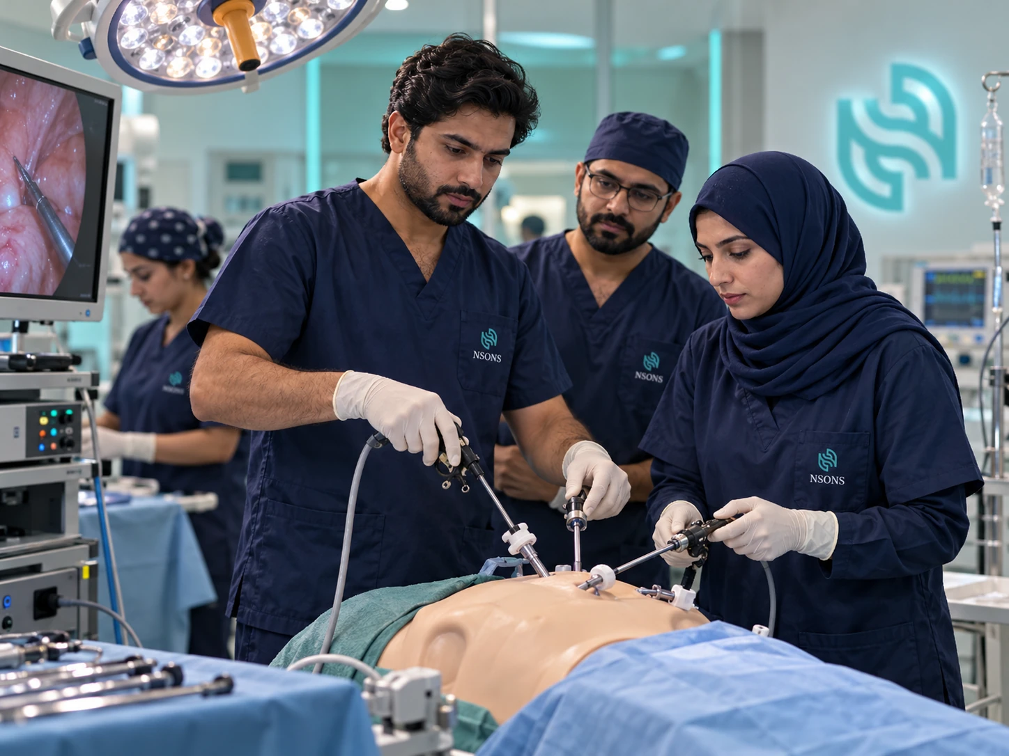 Staff practise with laparoscopic instruments on a training mannequin beneath a surgical light, beside a video display.