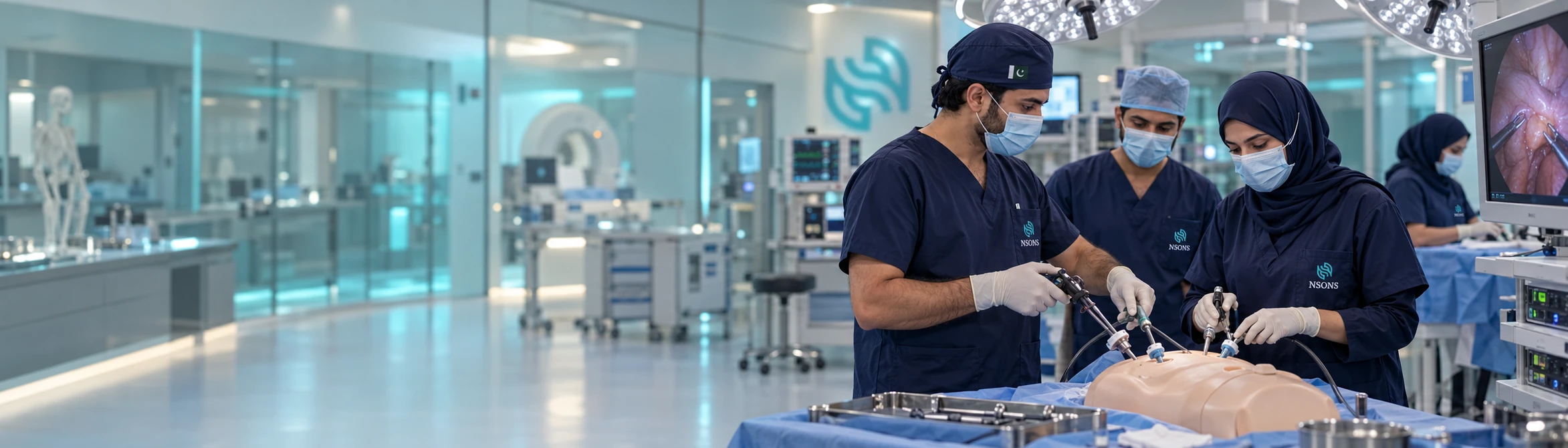 Masked staff practise laparoscopic techniques on a training mannequin with surgical instruments and a video display.