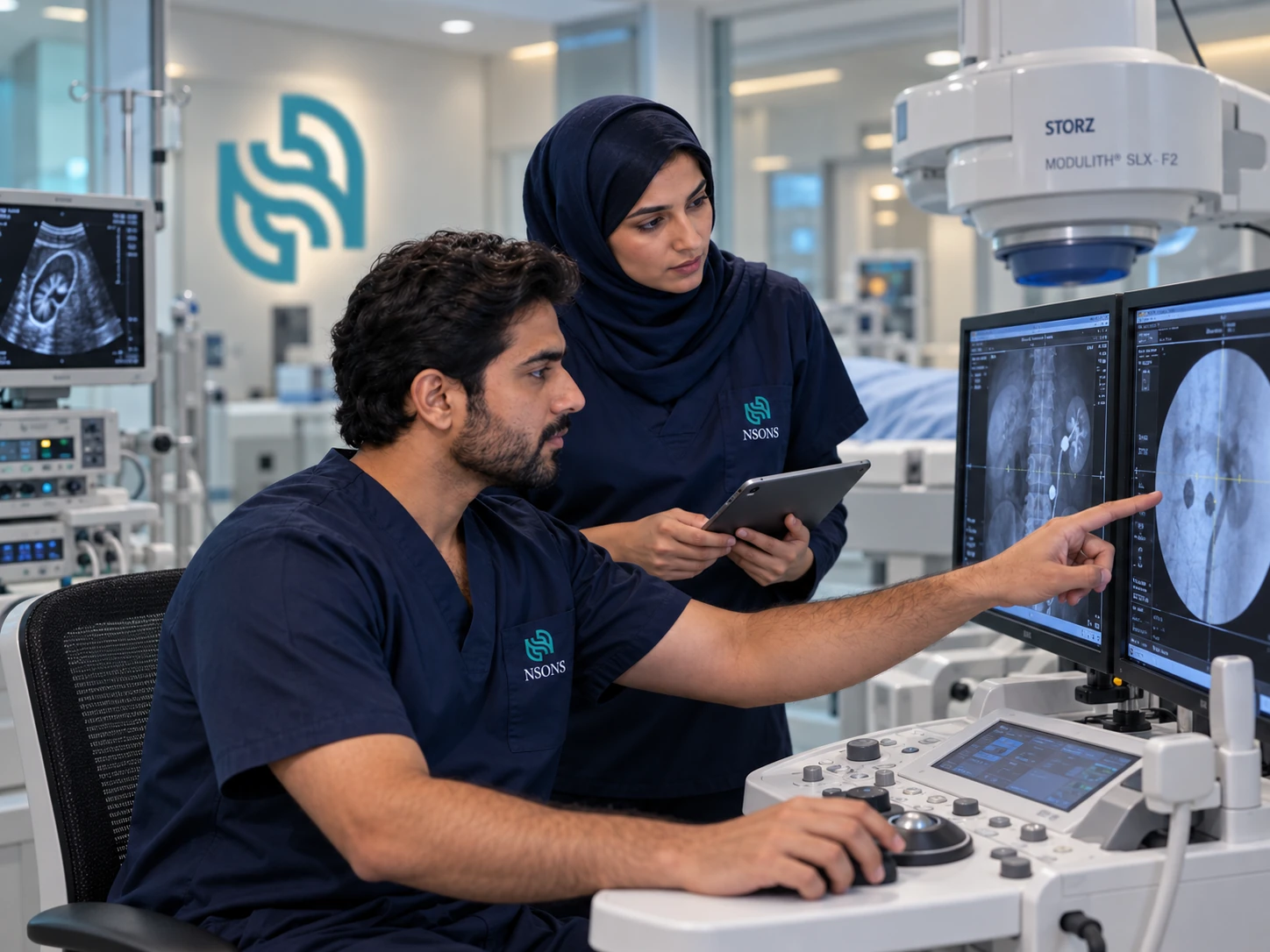 Two staff review kidney images beside lithotripsy and ultrasound equipment.