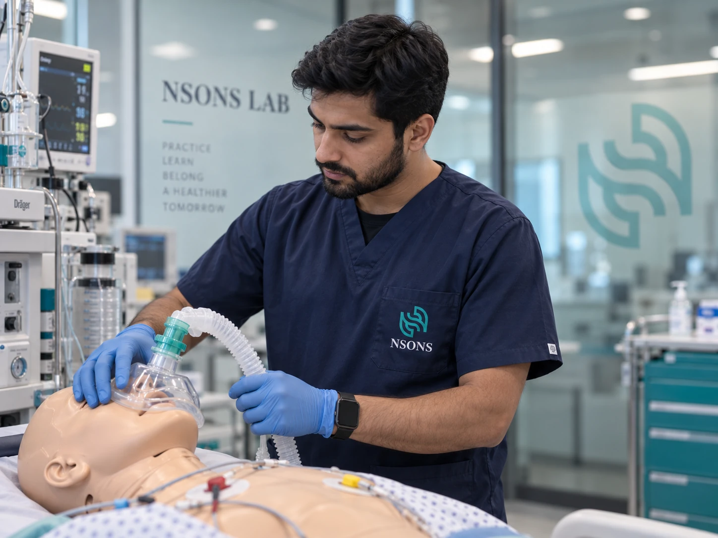 A staff member demonstrates a face mask and breathing circuit on a training mannequin.