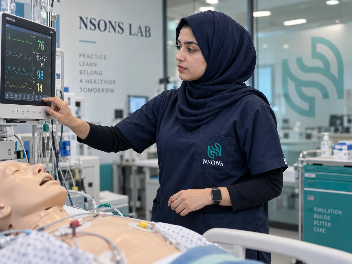 An operator reviews bedside monitor controls beside a training mannequin.
