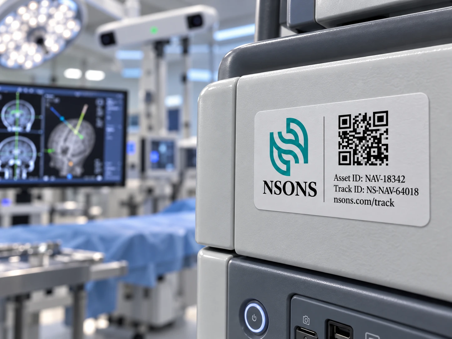 Close-up of a navigation system with an NSONS asset-identification label, with an optical tracking camera and image displays behind it.