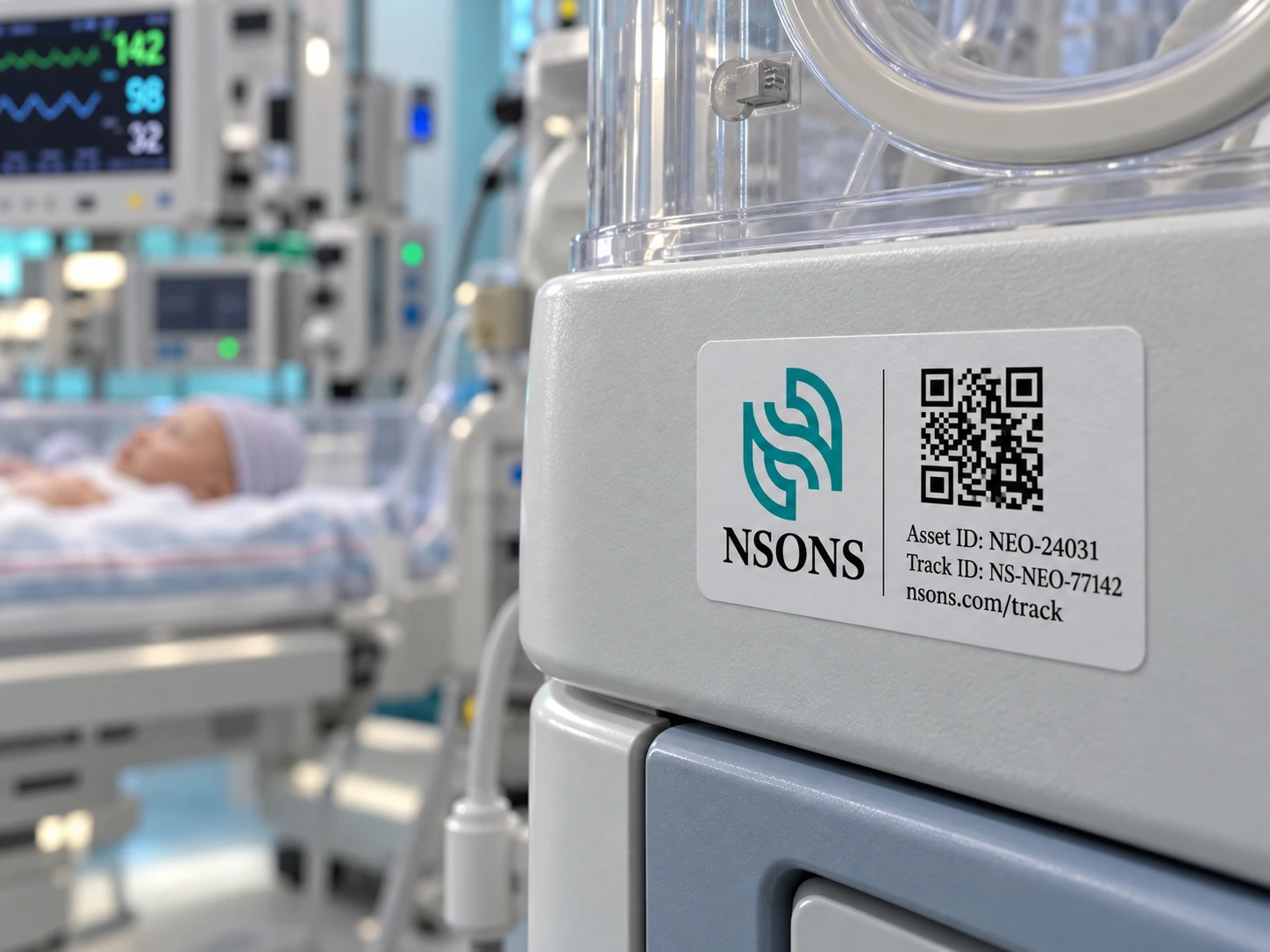 Close-up of an incubator with an NSONS asset-identification label, with a neonatal monitor and infant training mannequin in the background.