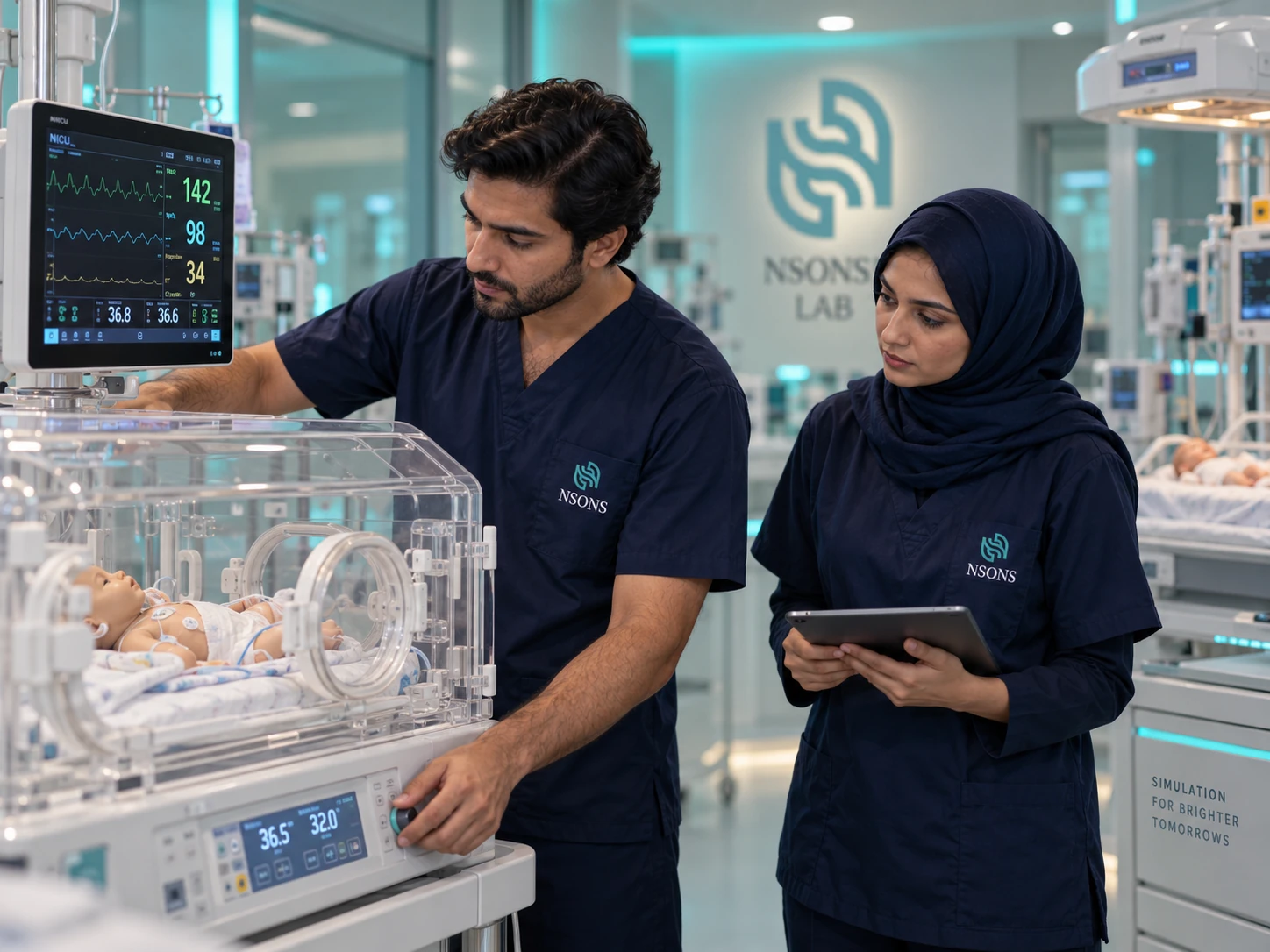 Two staff review incubator controls and a NICU monitor while practising with an infant training mannequin.