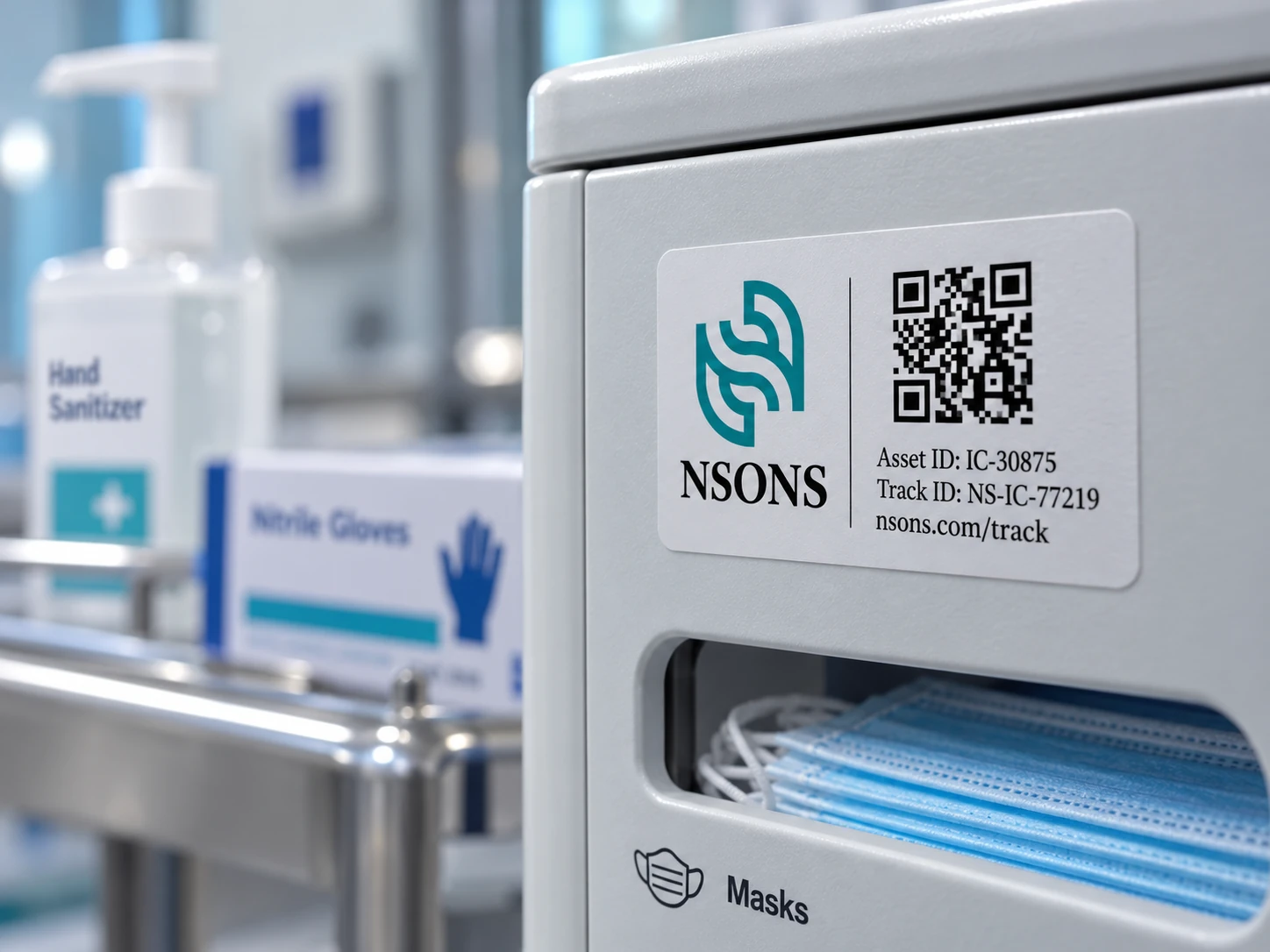 Close-up of a mask dispenser with an NSONS asset-identification label, with a glove box and hand-sanitizer bottle beside it.