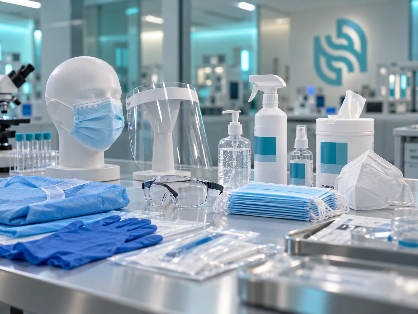 PPE and hygiene supplies on a surface, including a mask on a display head, a face shield, safety glasses, gloves, a gown, masks and bottles.