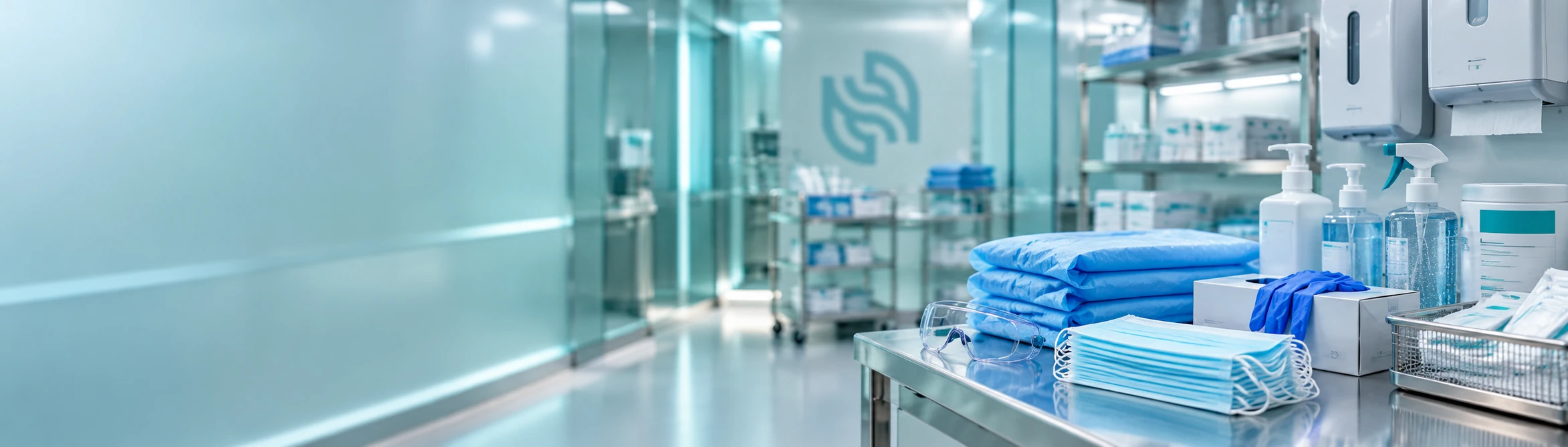 Masks, gloves, protective gowns, safety glasses and hygiene supplies arranged on a preparation surface beside wall-mounted dispensers.