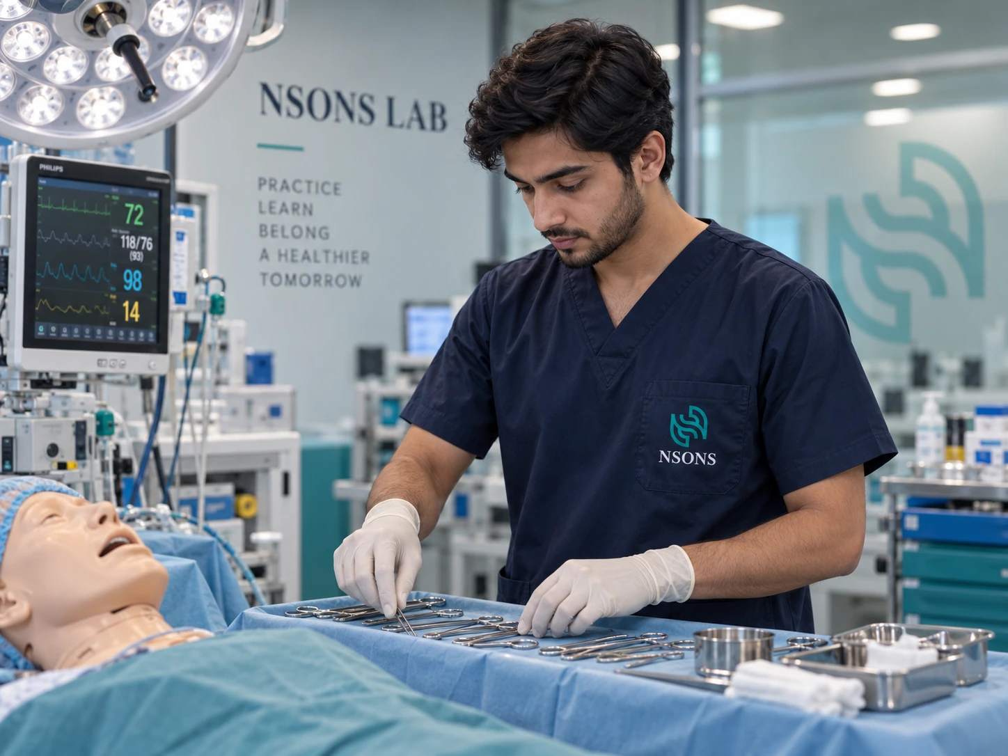 A staff member prepares surgical instruments on a draped tray beneath an operating light.