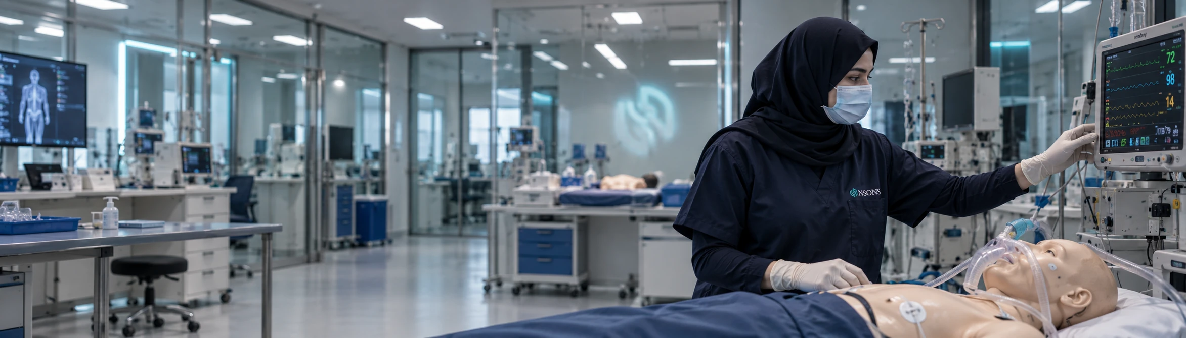 A masked operator checks bedside monitoring equipment beside a ventilated training mannequin.