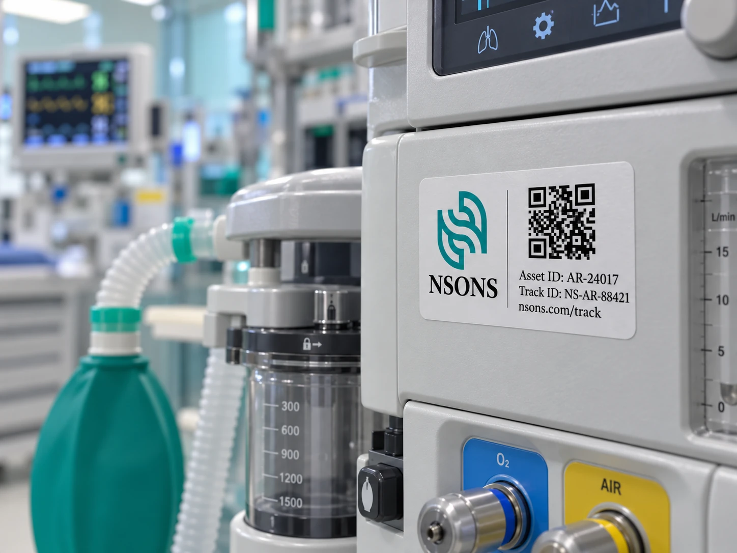 Close-up of an anaesthesia system with an NSONS asset-identification label, breathing tubing, a reservoir bag and gas connections.