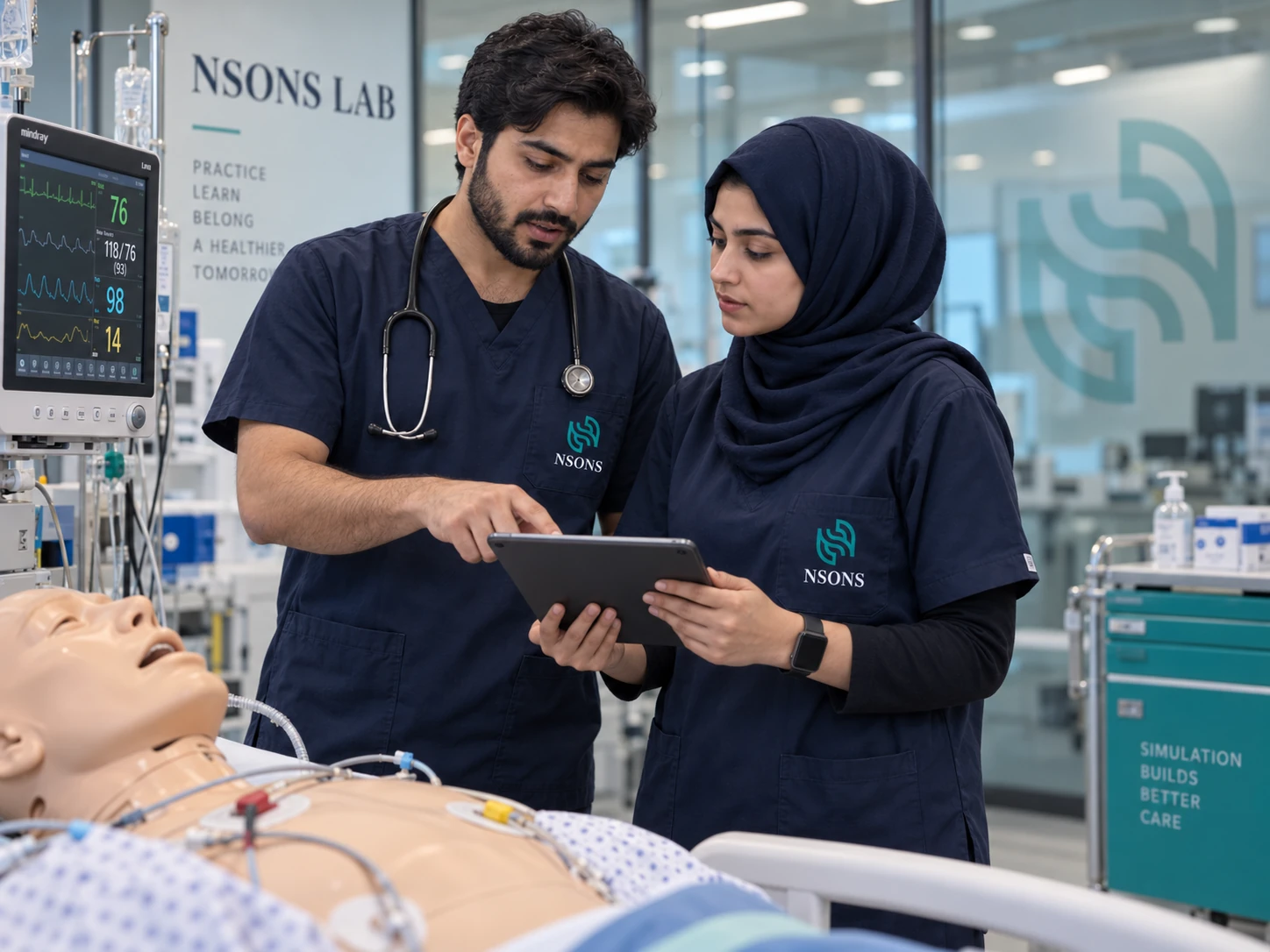 Two staff review a tablet beside a training mannequin and bedside monitoring equipment.
