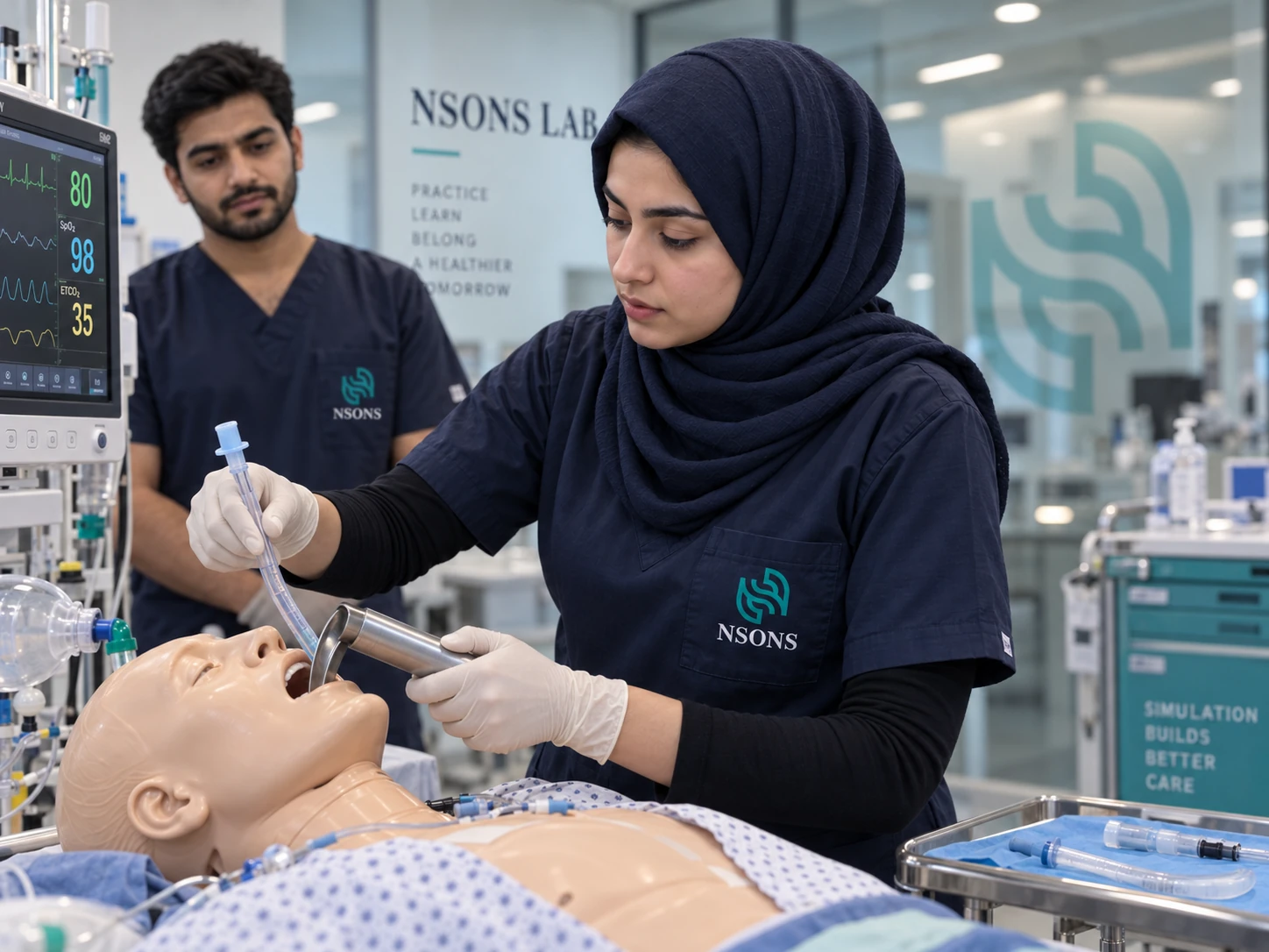 A staff member practises intubation on a training mannequin while an instructor observes.
