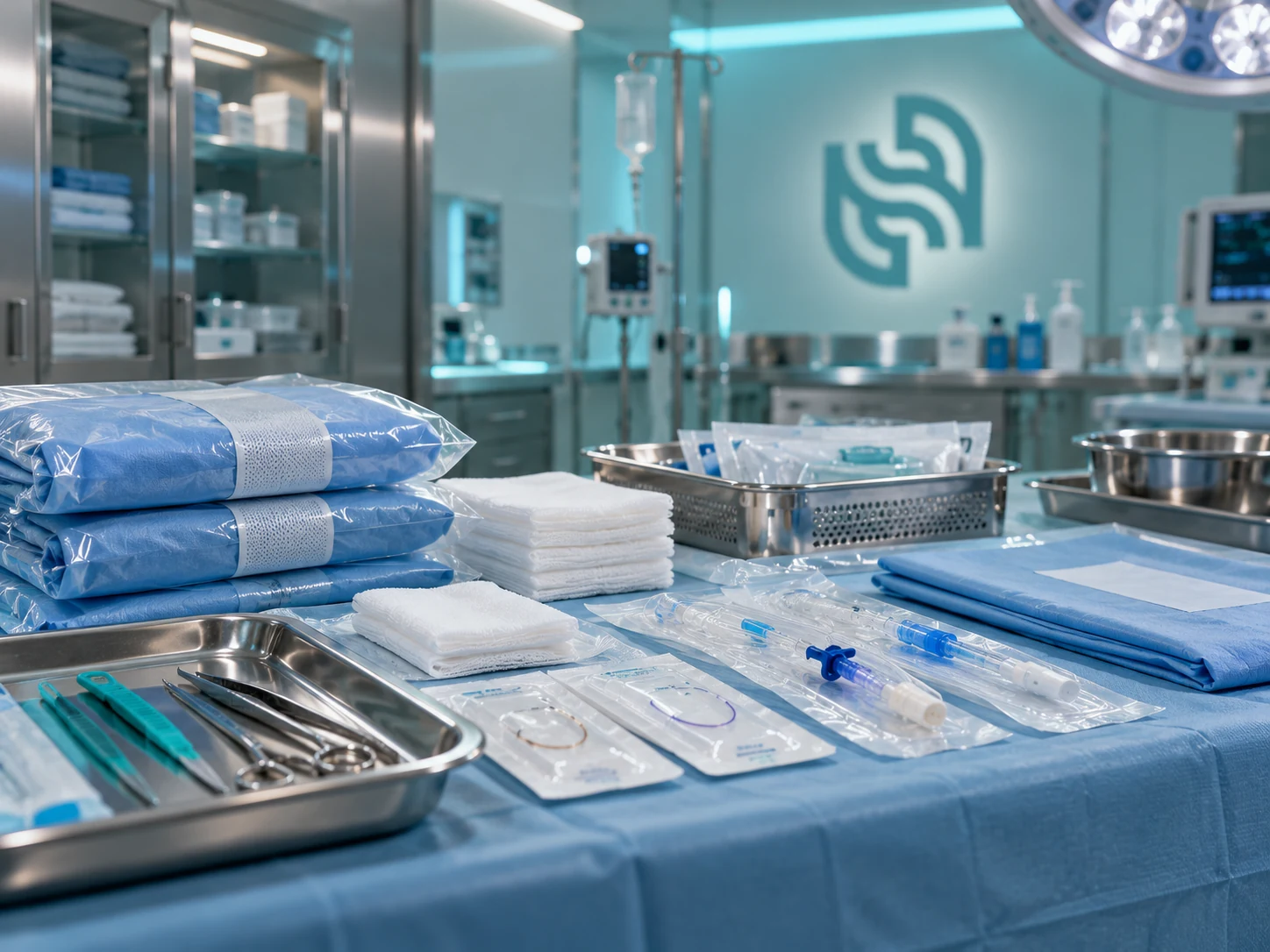 Blue drapes, white gauze, packaged tubing and catheters laid out beside an instrument tray in an operating-room setting.