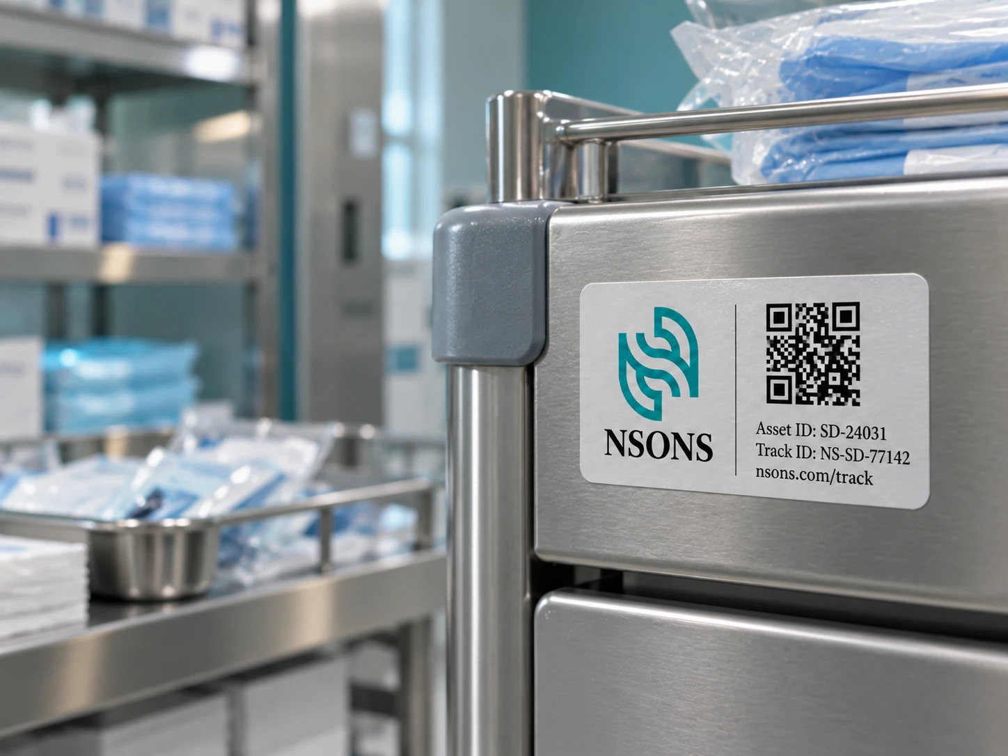 Close-up of an NSONS asset-identification label on a steel trolley, with packaged surgical supplies on top and nearby shelves.