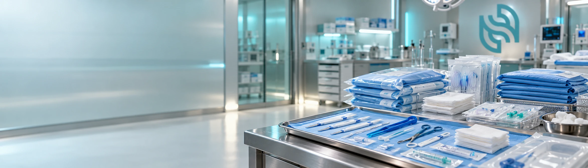 Packaged blue drapes, gauze and single-use supplies arranged on a preparation trolley in an operating-room setting.