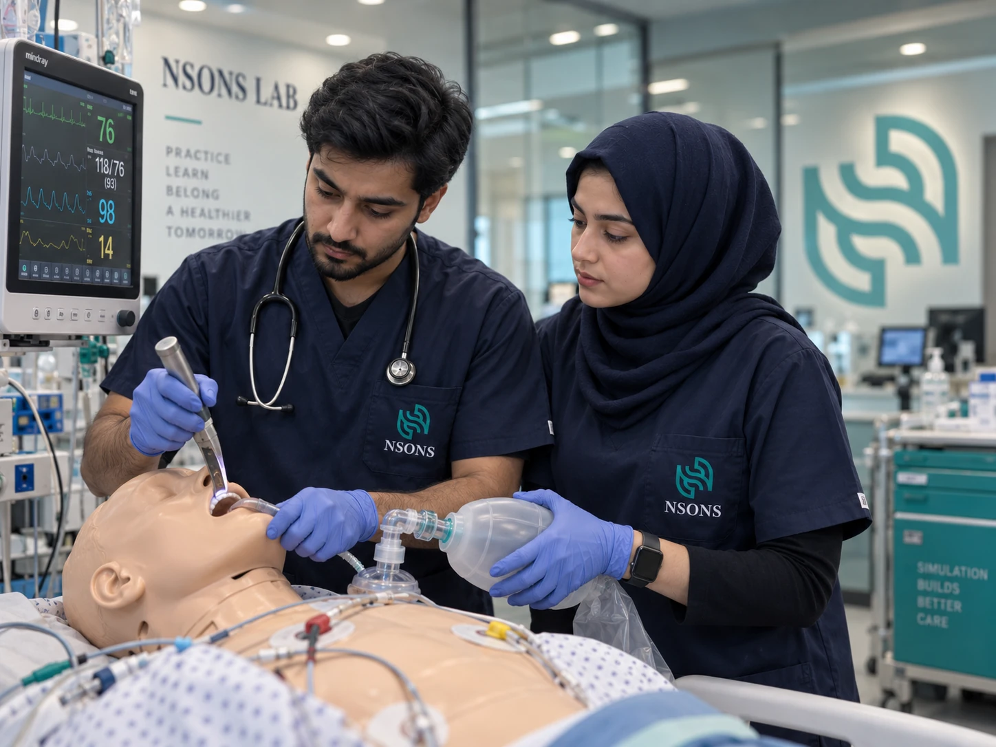 Two staff practise laryngoscopy and assisted ventilation using a training mannequin.