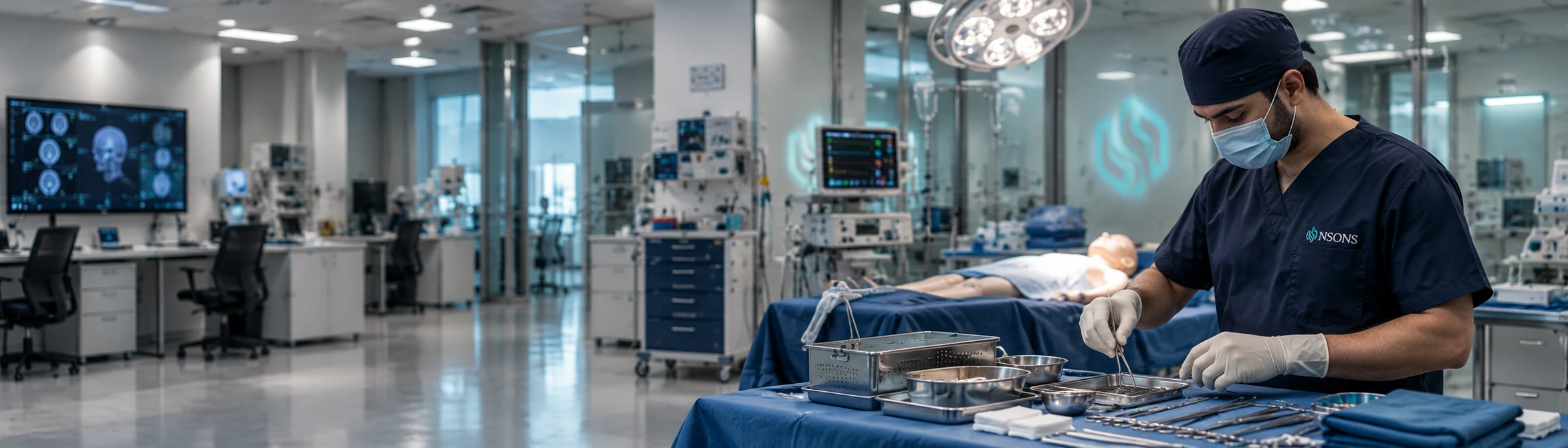 A masked staff member arranges surgical instruments and trays in an operating-theatre simulation room.