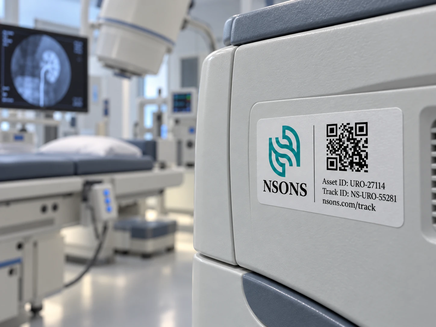 Close-up of urology equipment with an NSONS asset-identification label, with an imaging display and positioning table behind it.