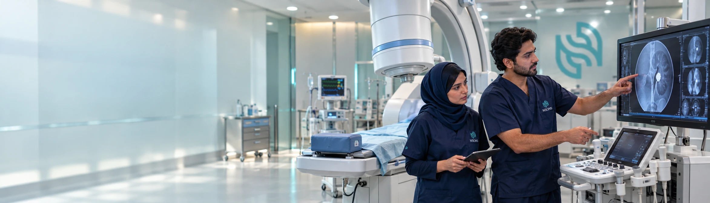 Two staff review kidney images beside urology imaging equipment and a positioning table.