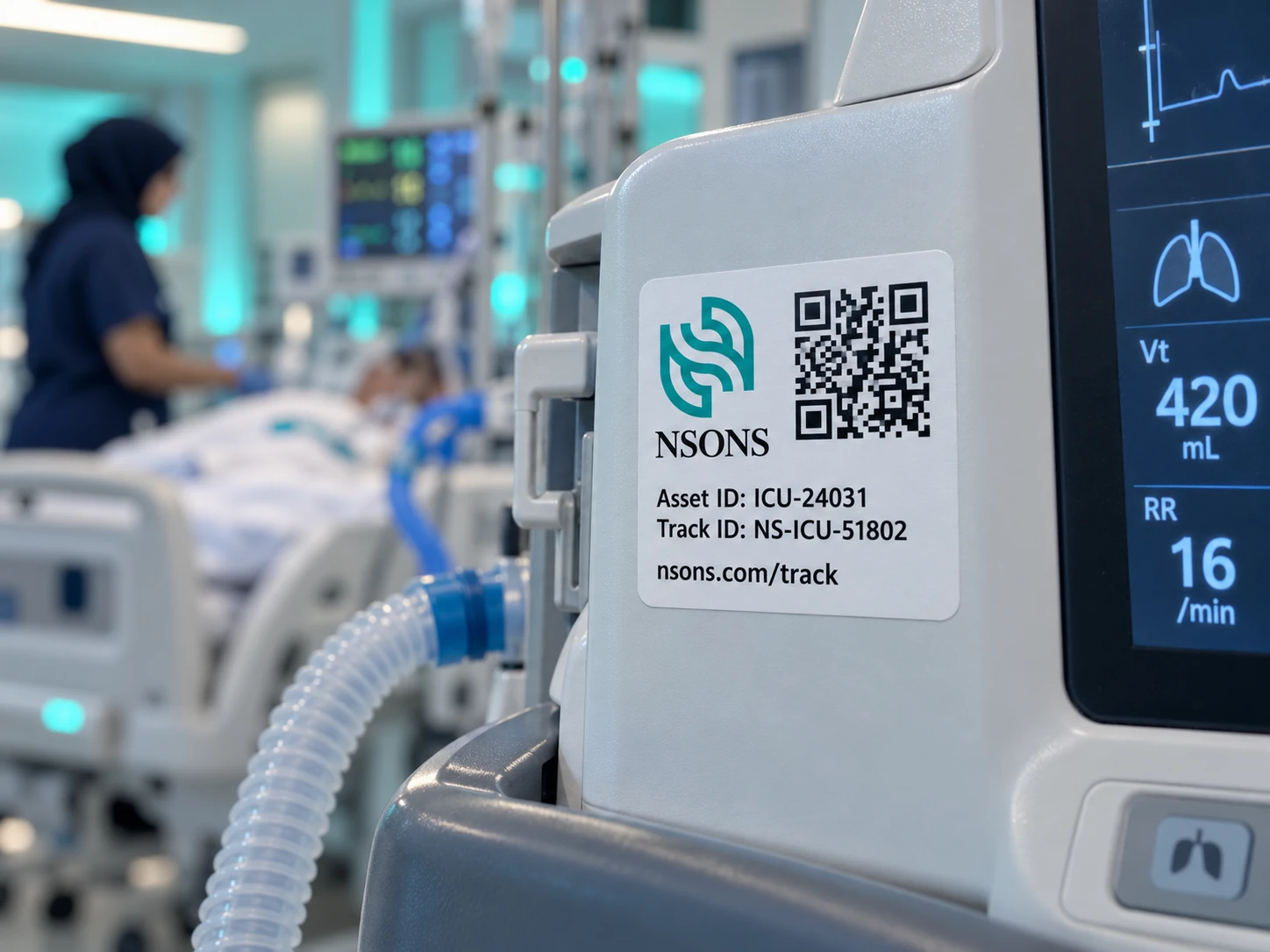 Close-up of a ventilator with an NSONS asset-identification label and connected breathing tubing, with bedside activity behind it.