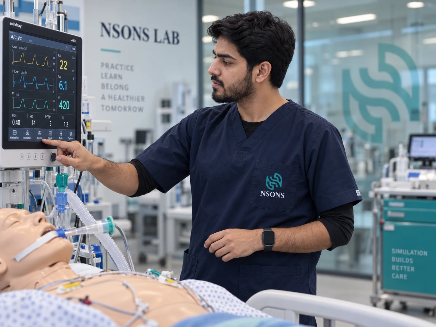 An operator reviews ventilator controls beside a training mannequin and a connected breathing circuit.