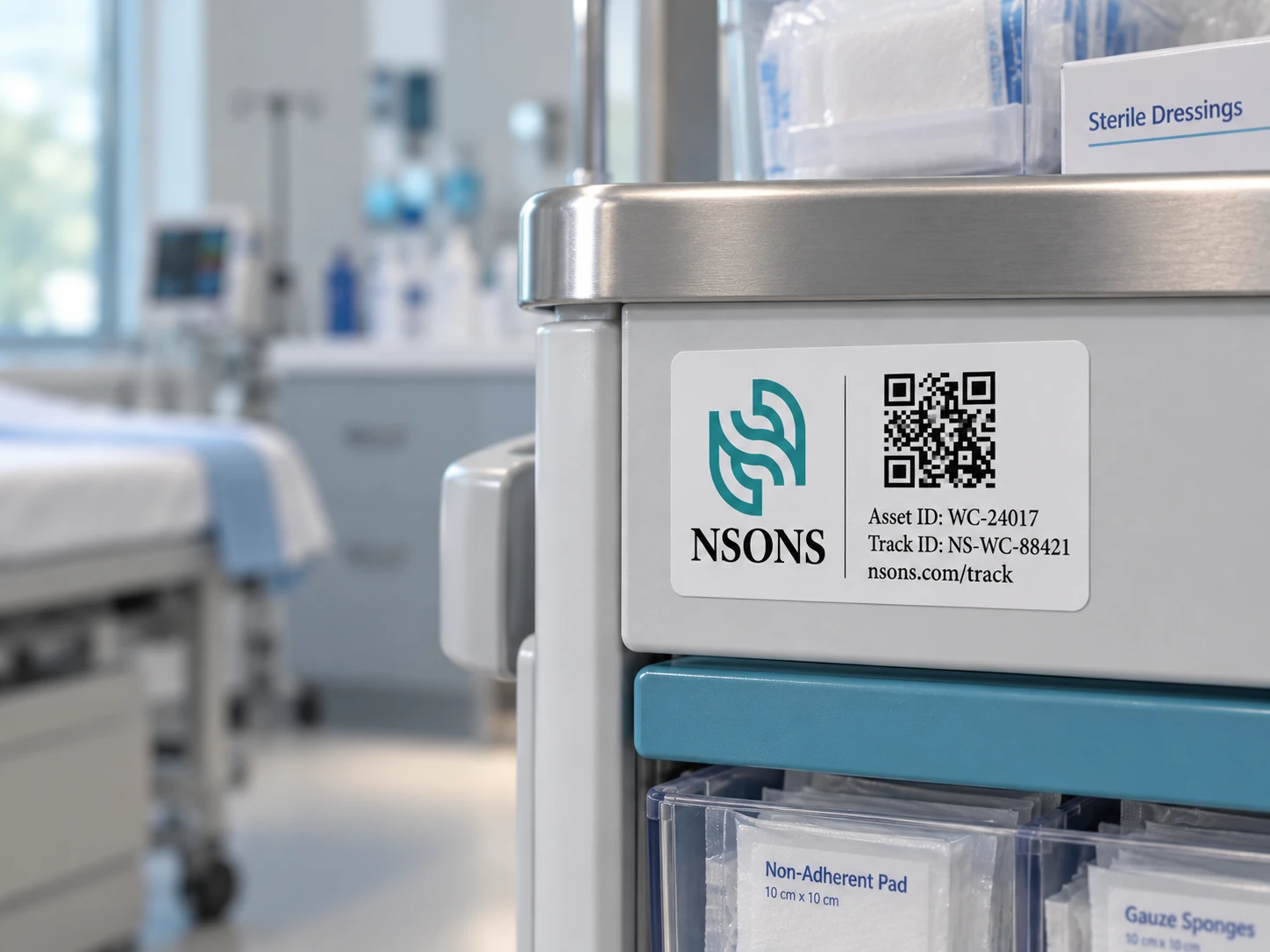 Close-up of a dressing trolley with an NSONS asset-identification label and drawers holding packaged dressing pads and gauze.