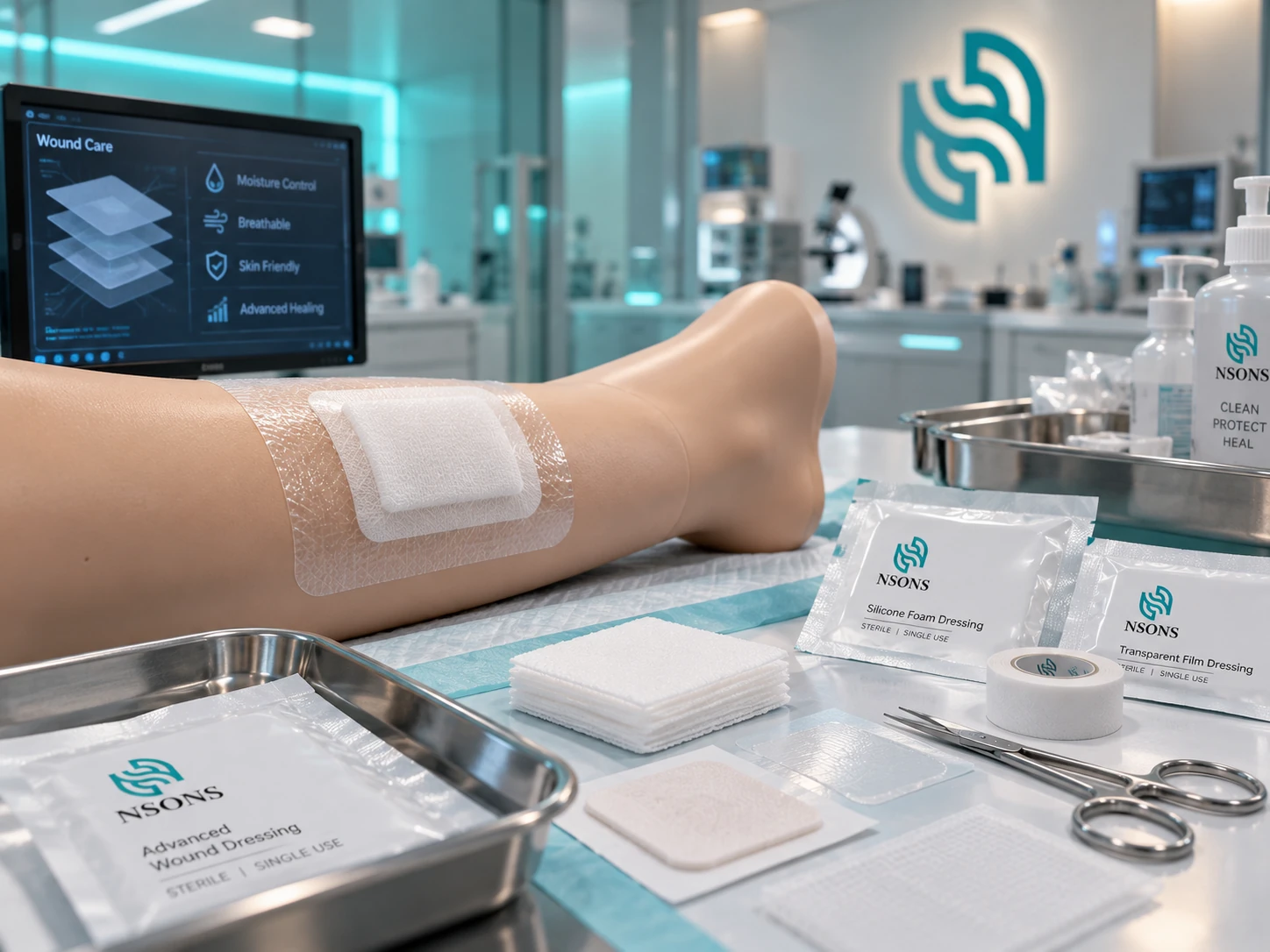 A dressing applied to a training limb beside gauze, tape, scissors and packaged foam and transparent-film dressings.