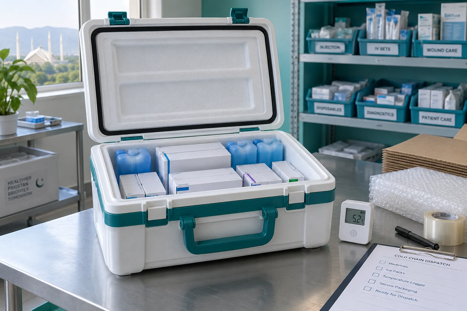 Complete insulated medical transport container with sealed packs and data logger